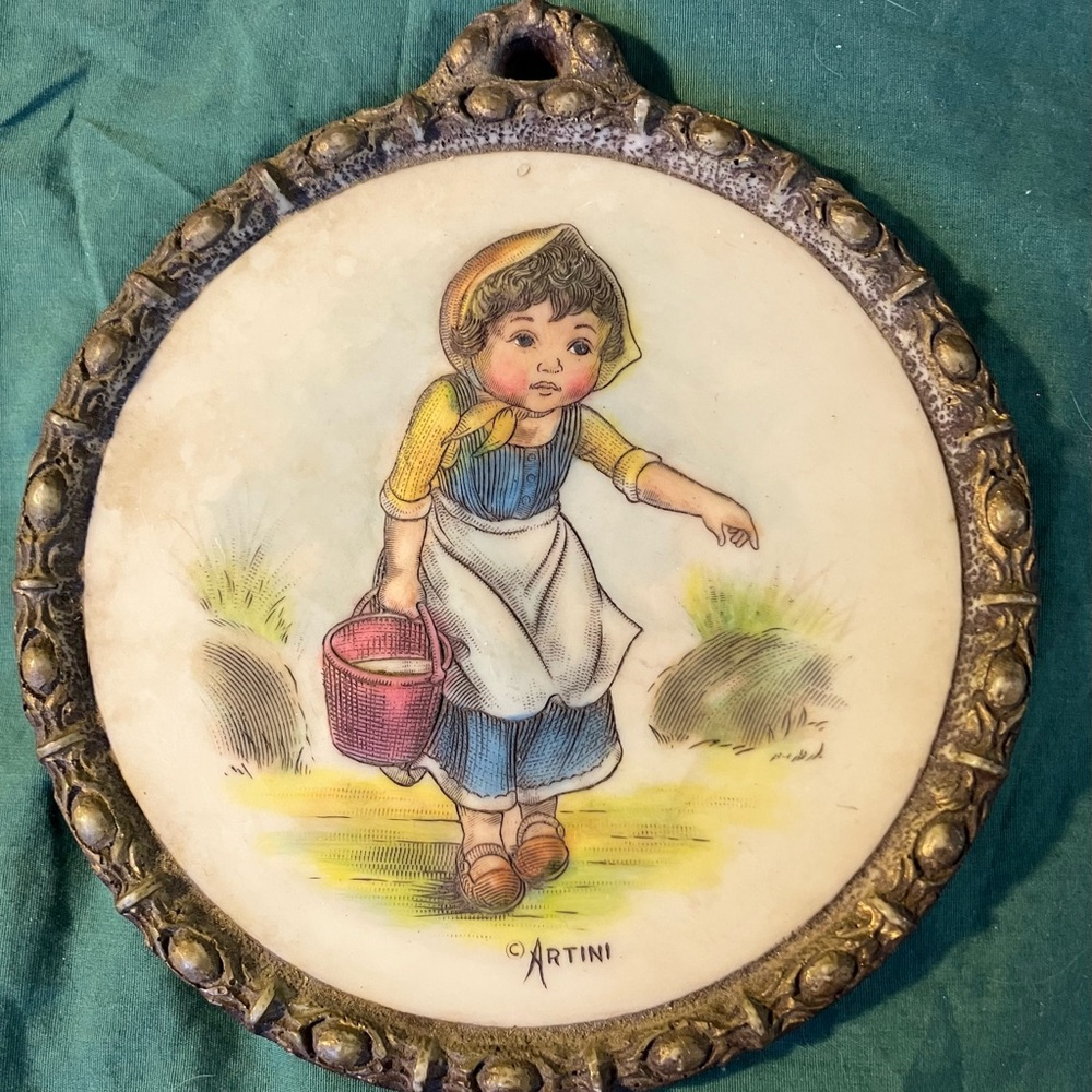 Artini Girl Carrying Water Sculptured Engraving Twin Etched Hand-Painted round.